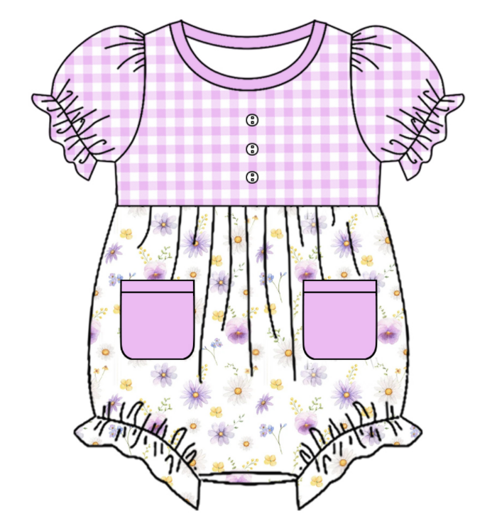 Baby Girl Short Sleeves Flower Plaid Purple Sibling Romper Dress Clothes Set ( Moq 5 Each Design )