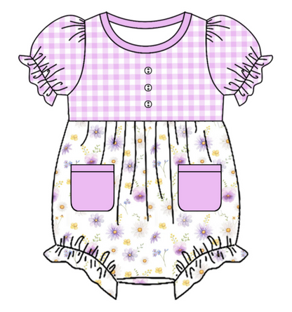 Baby Girl Short Sleeves Flower Plaid Purple Sibling Romper Dress Clothes Set ( Moq 5 Each Design )