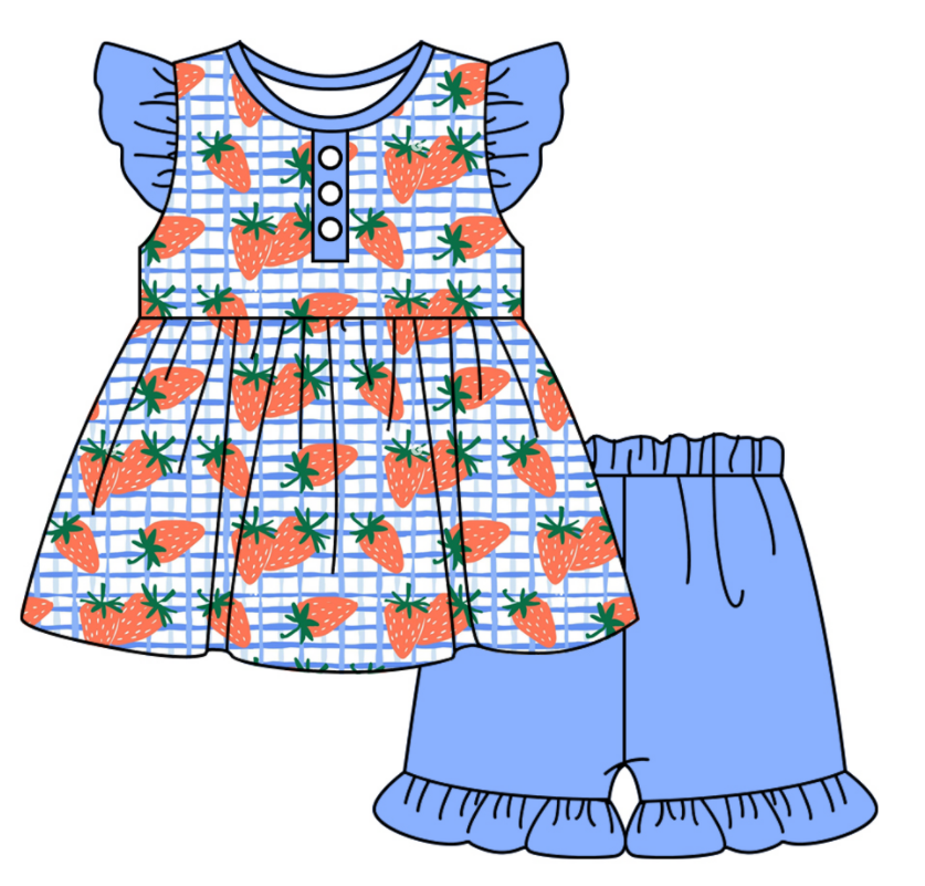 Baby Girl Strawberry Plaid Sibling Romper Dress Summer Clothes Set ( Moq 5 Each Design )