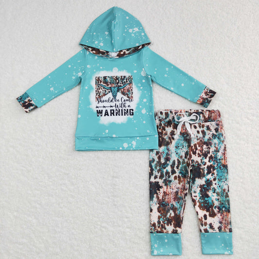 BLP0354 Baby Boy Blue Long Sleeves Hoodie Shirt Cow Print Pants Outfit