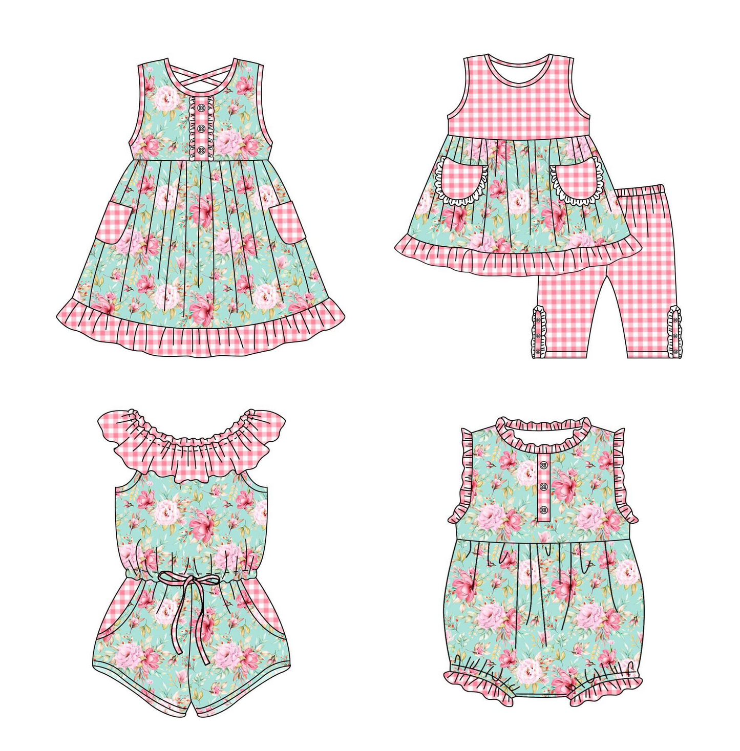 Moq 3 Pre-order SR1302 Baby Girl Floral Pocket Shorts Summer Jumpsuit