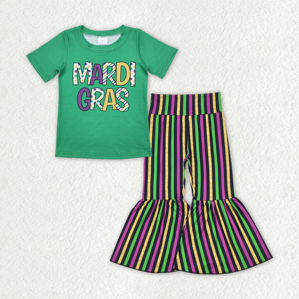 Baby Girl Green Short Sleeves Mardi Gras Shirt Stripes Bell Pants Clothes Set