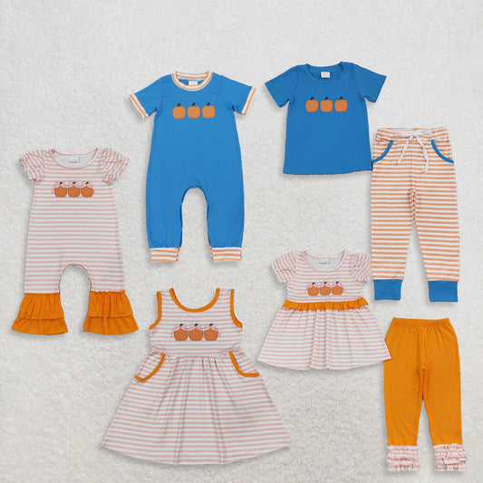 Sibling Baby Boys Girls Kids Embroidery Pumpkins Rompers Dress Thanksgiving Sets Clothes RTS