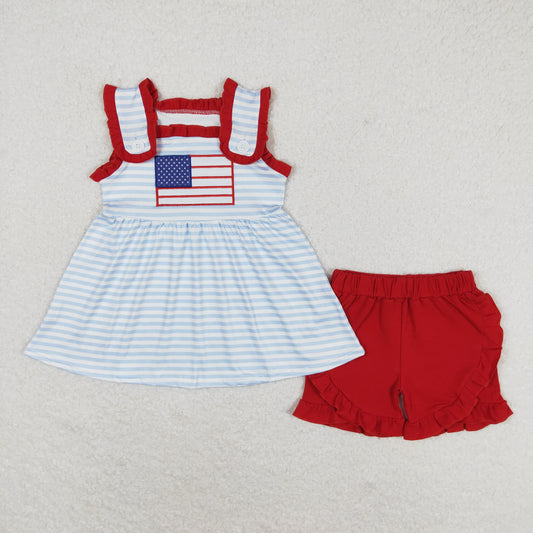 Baby Girl Sleeveless Embroidery Flag Stripes Tops Red Shorts July 4th Set