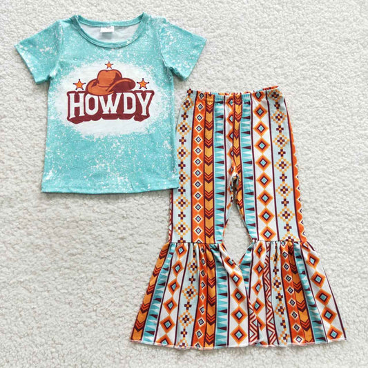 GSPO0735 Baby Girl Short Sleeves Howdy Shirt Bell Pants Western Outfit