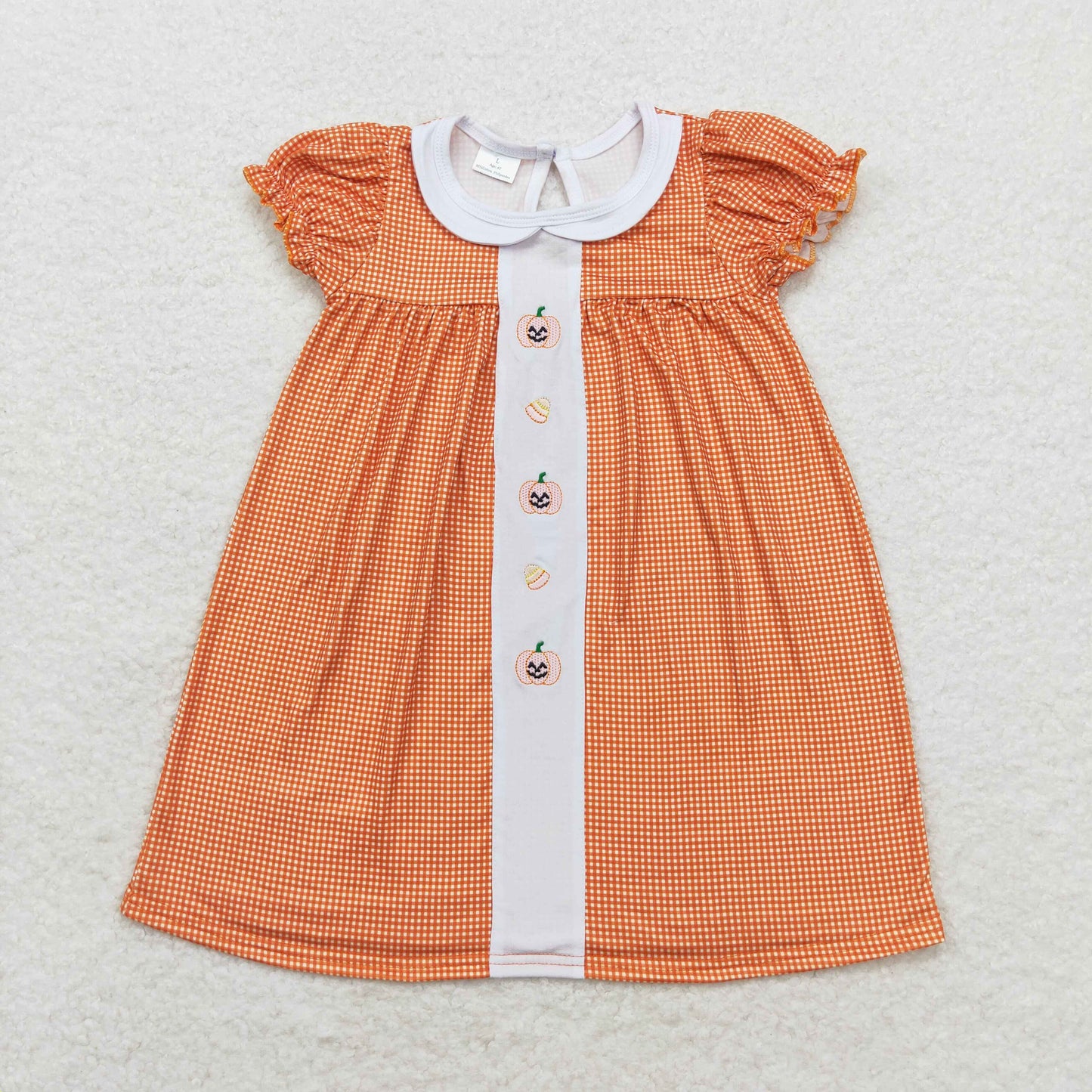 Baby Girl Embroidery Pumpkin Candy Orange Plaid Halloween Dress