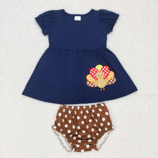 GBO0183 Thanksvgiving Embroidery turkey Baby Girl Dots Bummie Shorts Outfit