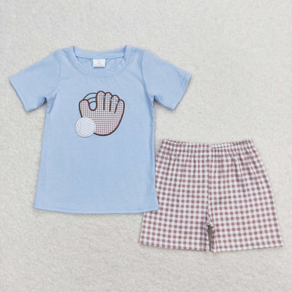 Baby Boy Short Sleeves Embroidery Baseball Shirt Plaid Shorts Set