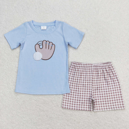 Baby Girl Pink Short Sleeves Embroidery Baseball Shirt Plaid Shorts Set