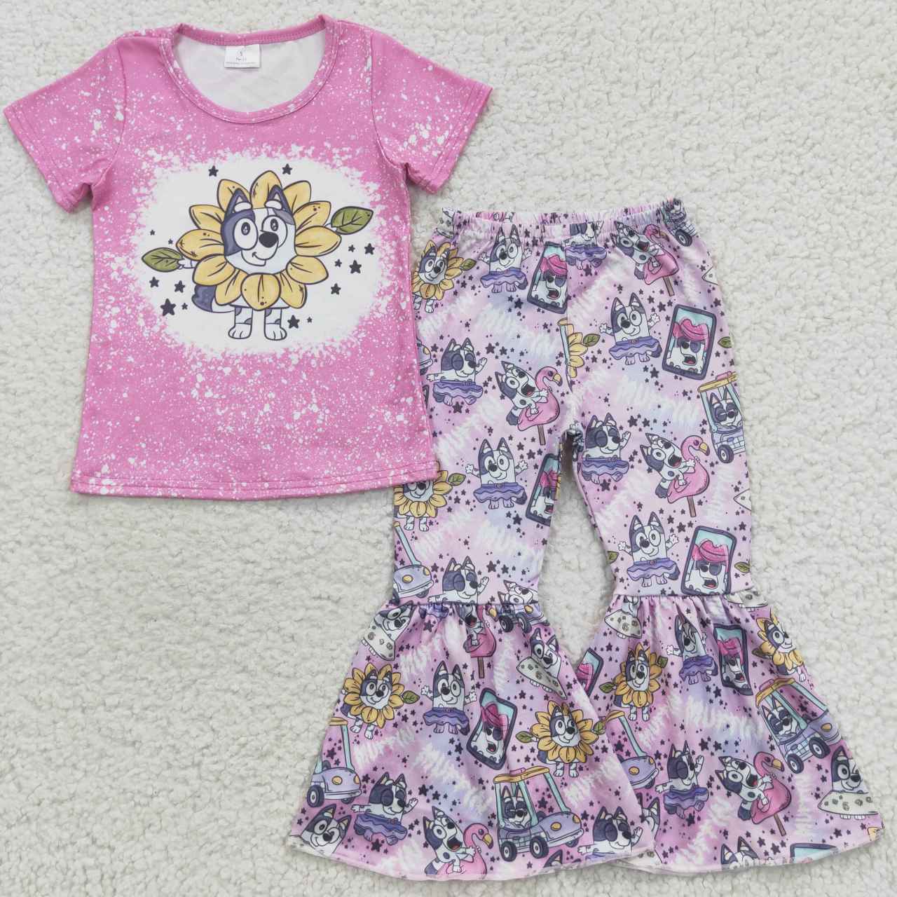 GSPO0689 Baby Girl Short Sleeves Shirt Bell Pants Dogs Floral Outfit