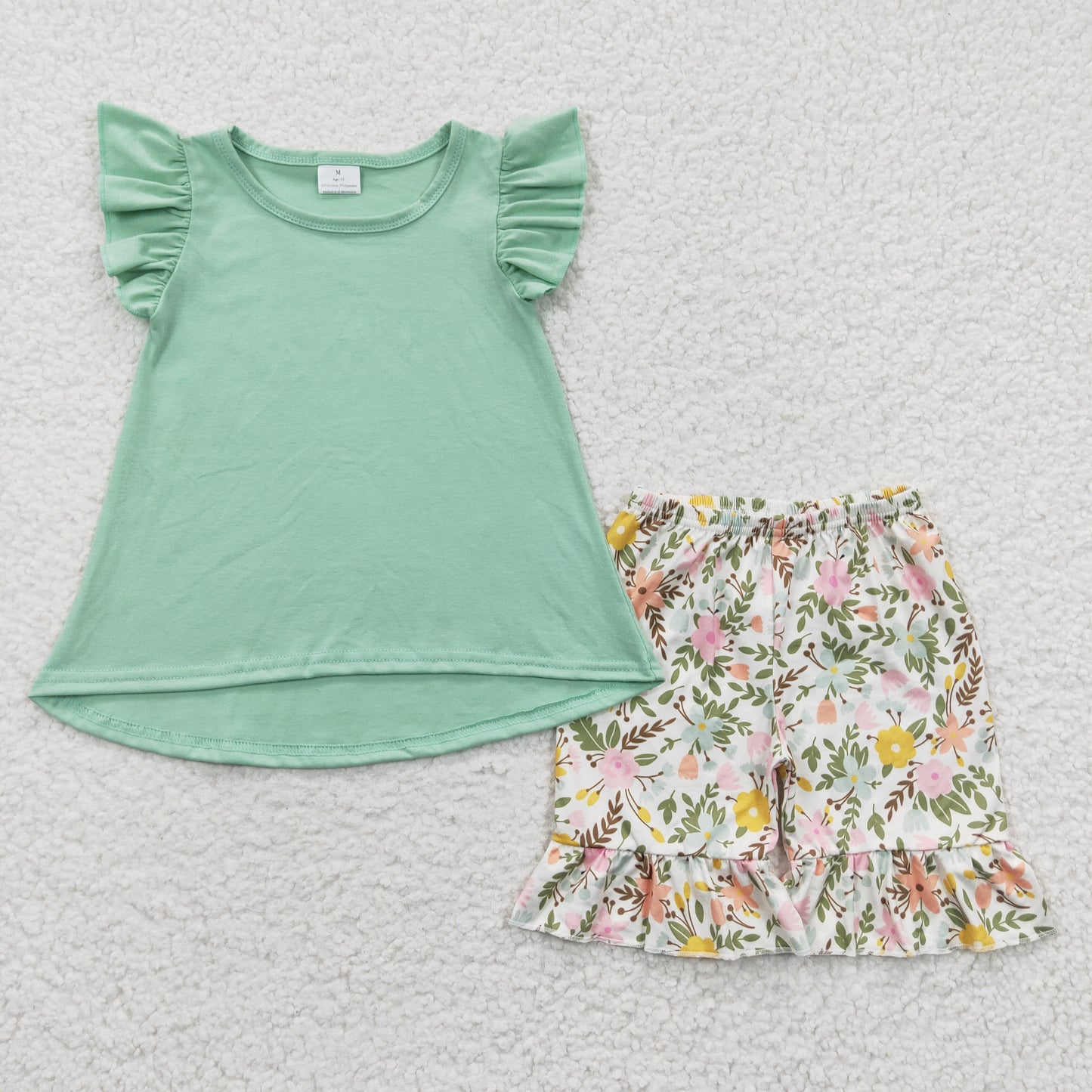 GSSO0297 Baby Girl Summer Green Cotton Top Floral Shorts Outfit