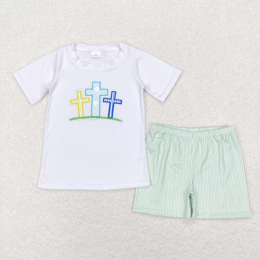 BSSO0337 Easter Baby Boy Short Sleeves Embroidery Cross Shirt Green Stripes Shorts Set