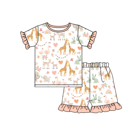 Moq 3 Pre-order GSSO0921 Baby Girl Short Sleeves Animals Shirts Shorts Summer Set Pajamas