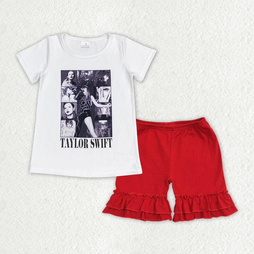 GSSO1378 Baby Girl Singer Shirt Red Cotton Shorts Summer Set