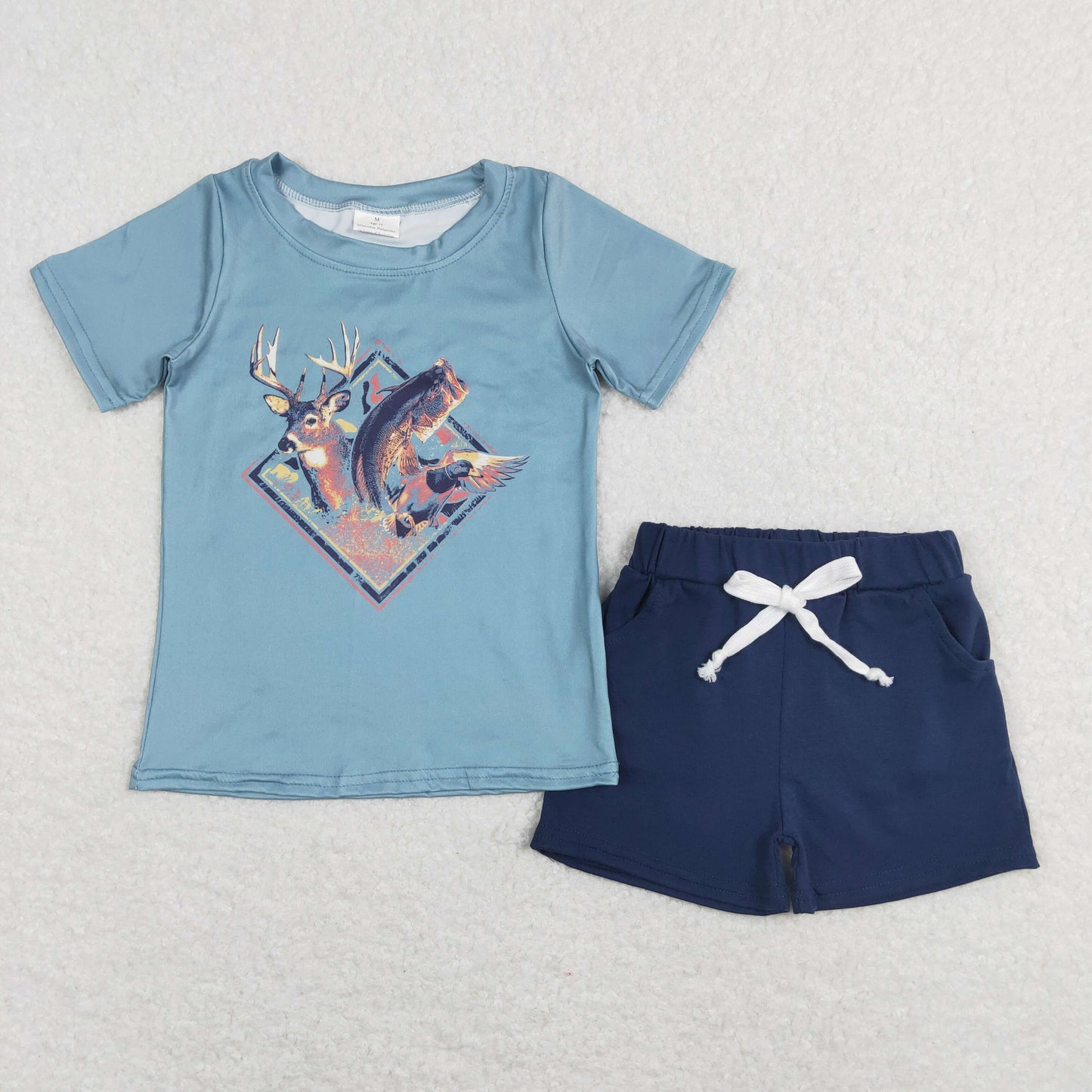 BSSO0315 Baby Boy Short Sleeves Deer Duck Shirt Pocket Cotton Shorts Summer Hunting Fishing Set