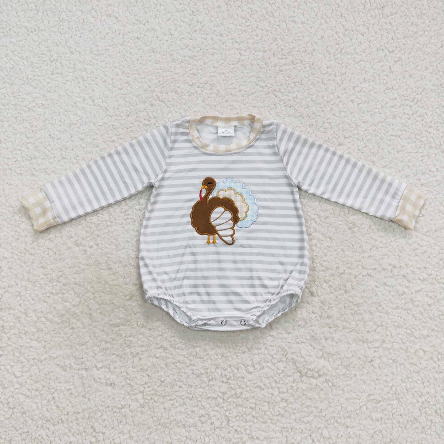 LR0427 Baby Boy Long Sleeves Embroidery turkey Thanksgiving Stipes One Piece Romper