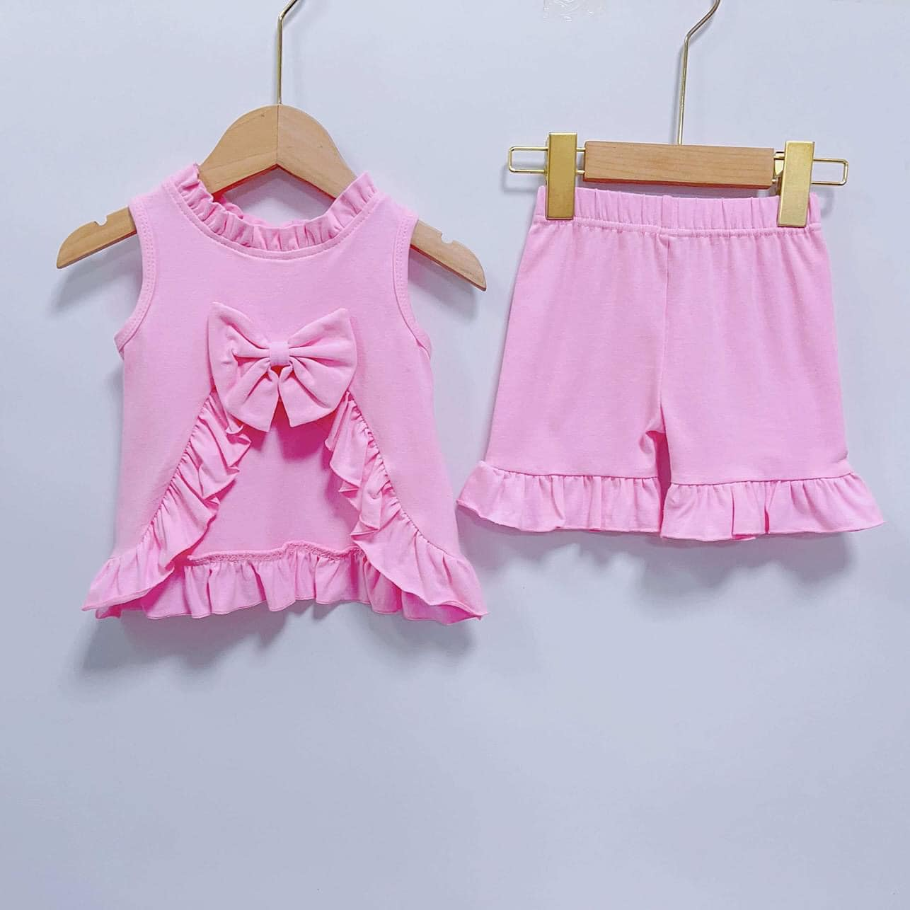 Moq 3 Pre-order GSSO0518 Baby Girl Sleeveless Cotton Open Back Tops Shorts Pink Set