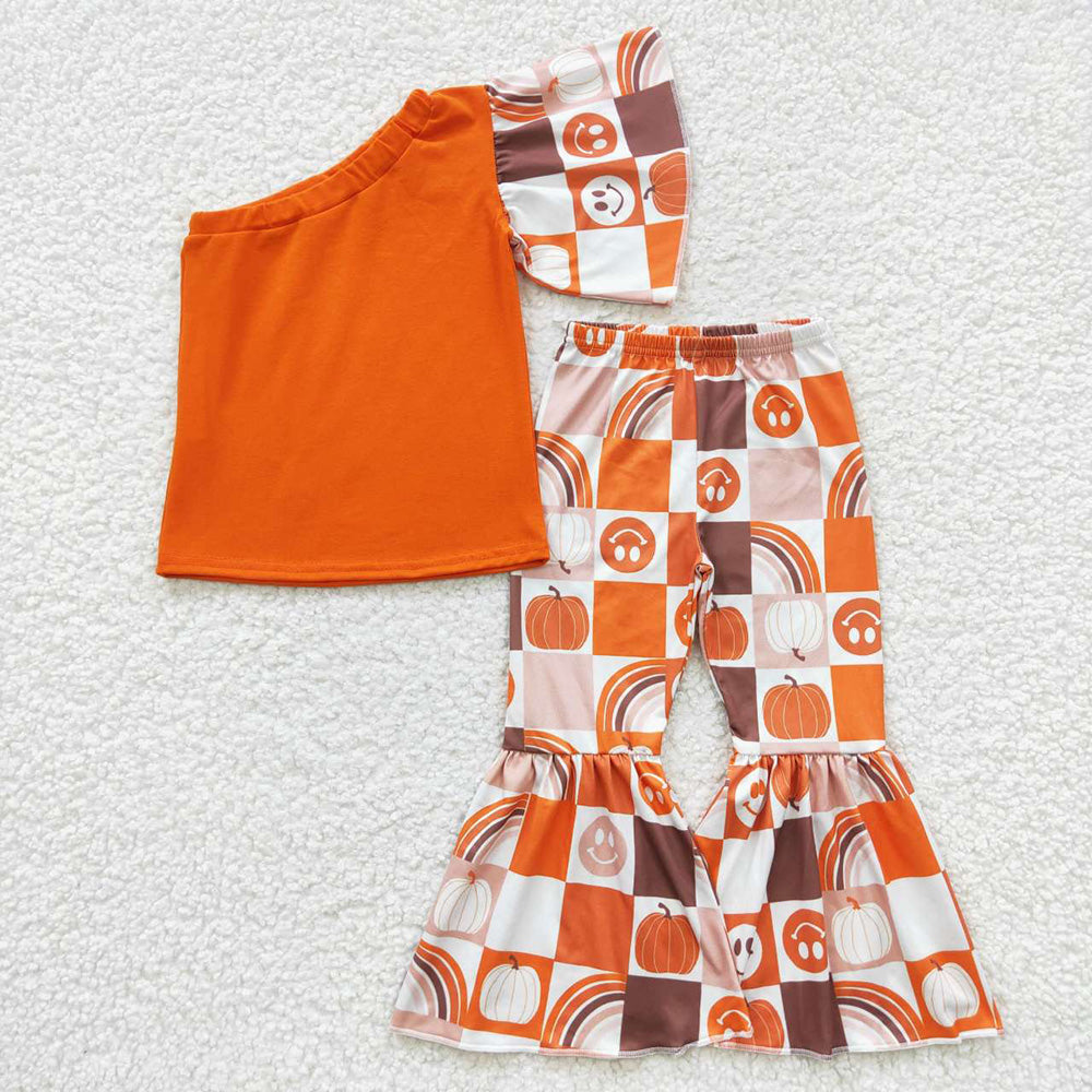 GSPO0620 Baby Girl One Shoulder Top Pumpkin Check Face Bell Pants Outfit