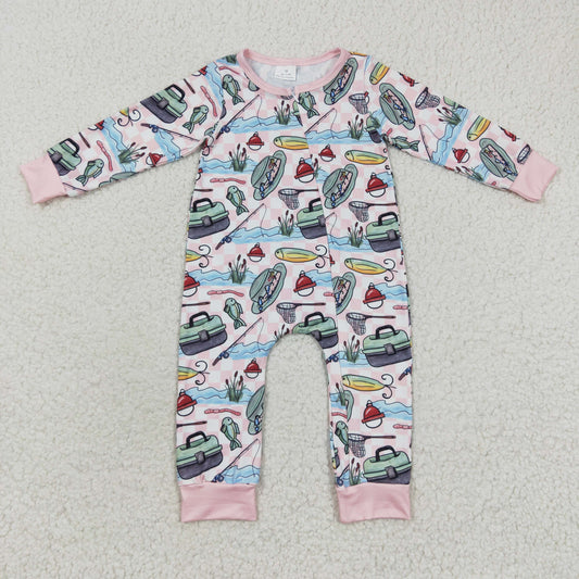 LR0322 Baby Girl Long Sleeves Zip Fishing Pink One Piece Romper