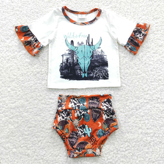 GBO0129 Baby Girl Short Sleeves Western Cow Bummie Summer Outfit