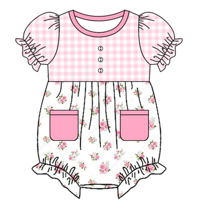 Baby Girl Short Sleeves Flower Plaid Pink Sibling Romper Dress Clothes Set ( Moq 5 Each Design )