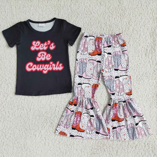 Promotion E1-14 Baby Girl Short Sleeves Cowgirls Shirt Boots Bell Pants Western Set