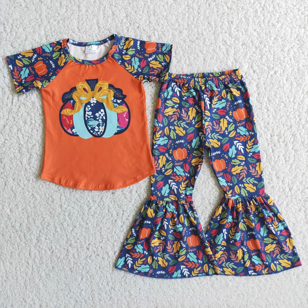 Promotion E1-3 Baby Girl Short Sleeves Pumpkin Autumn Leaves Bell Pants Outfit