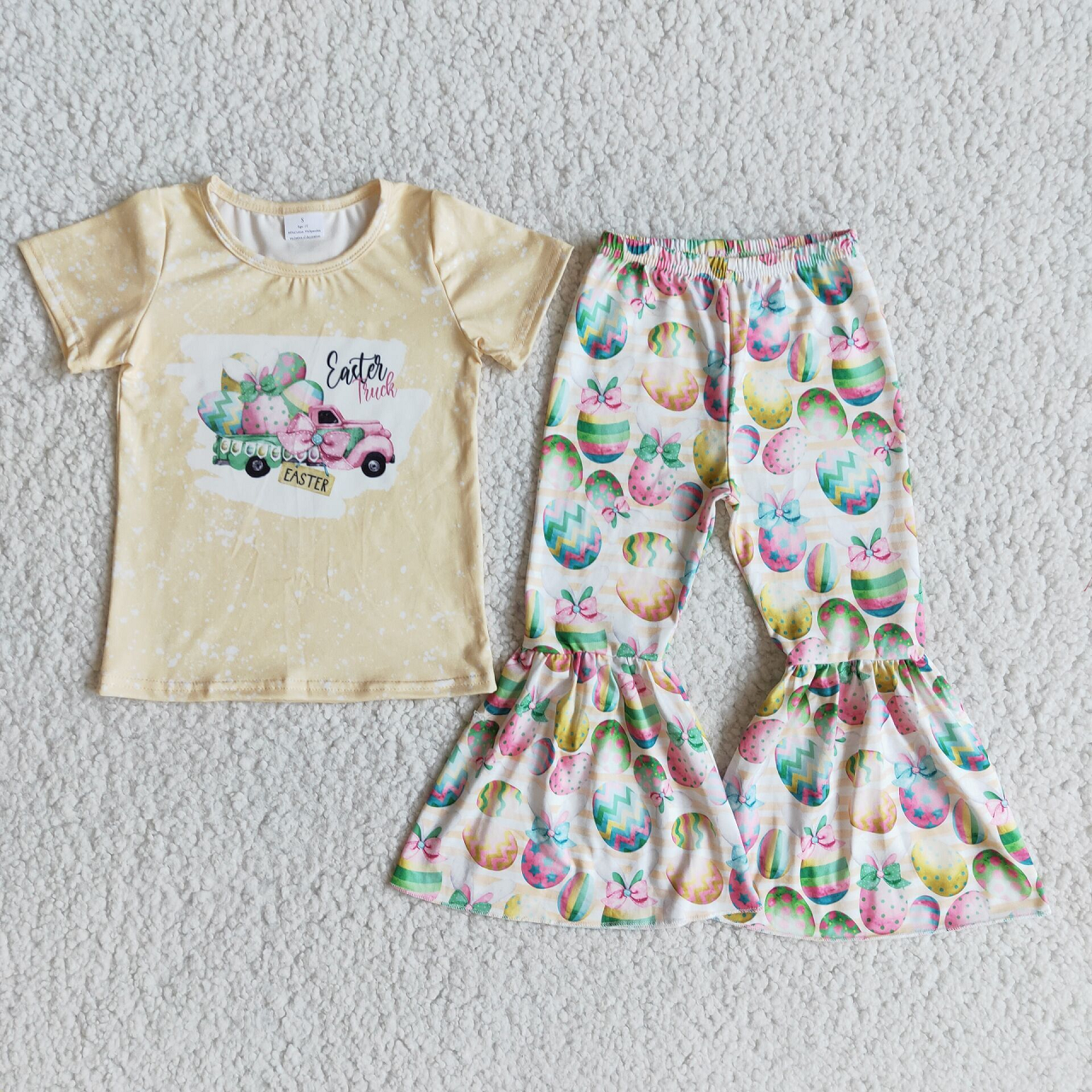 Promotion E10-13 Baby Girl Short Sleeves Easter Shirt Eggs Bell Pants Set