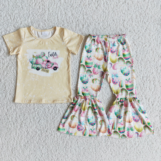 Promotion E10-13 Baby Girl Short Sleeves Easter Shirt Eggs Bell Pants Set