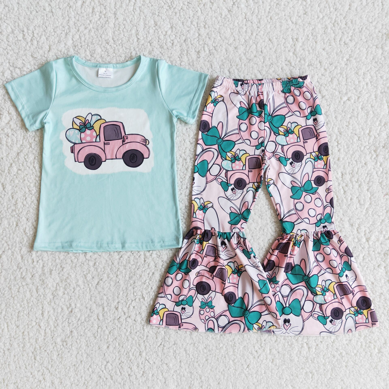 Promotion E10-14 Easter Baby Girl Eggs Truck Bell Pants Set