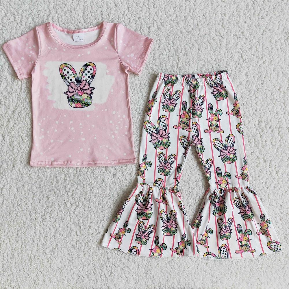 Promotion E10-16 Baby Girl Pink Short Sleeves Rabbit Shirt Bell Pants Easter Set