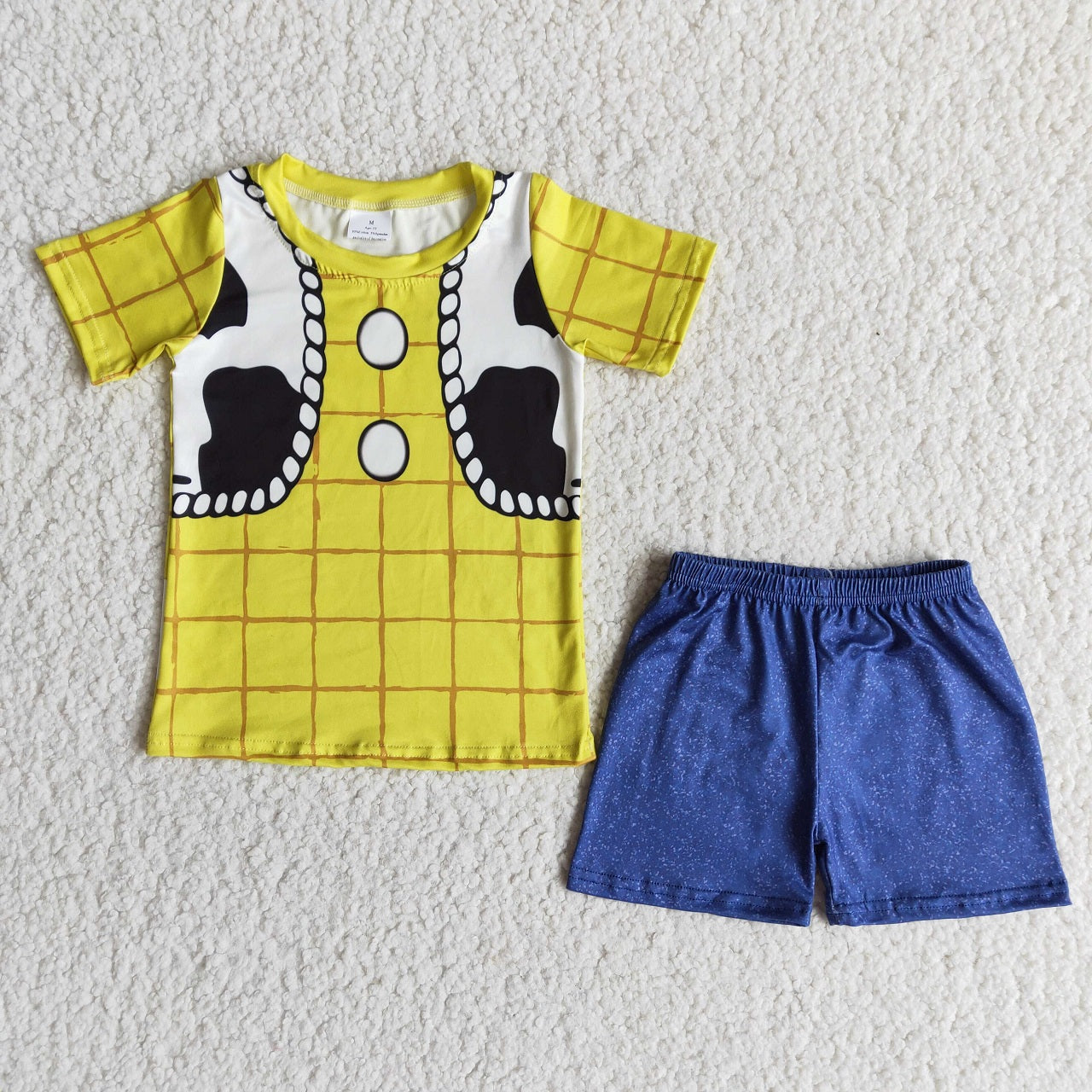 Promotion Baby Boy Short Sleeves Plaid Yellow Shirt Blue Shorts Toy Set