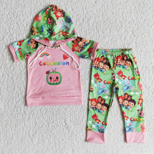 Promotion Baby Kids Short Sleeves Hoodie Melon Shirt Pants Set RTS