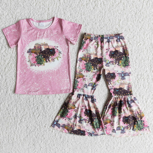 Promotion Baby Girl Short Sleeves Pink Shirt Cow Cactus Floral Bell Pants Western Set