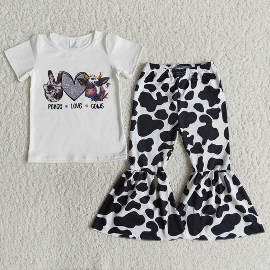 Promotion Baby Girl Short Sleeves Peace Love Cows Shirt Bell Pants Western Set