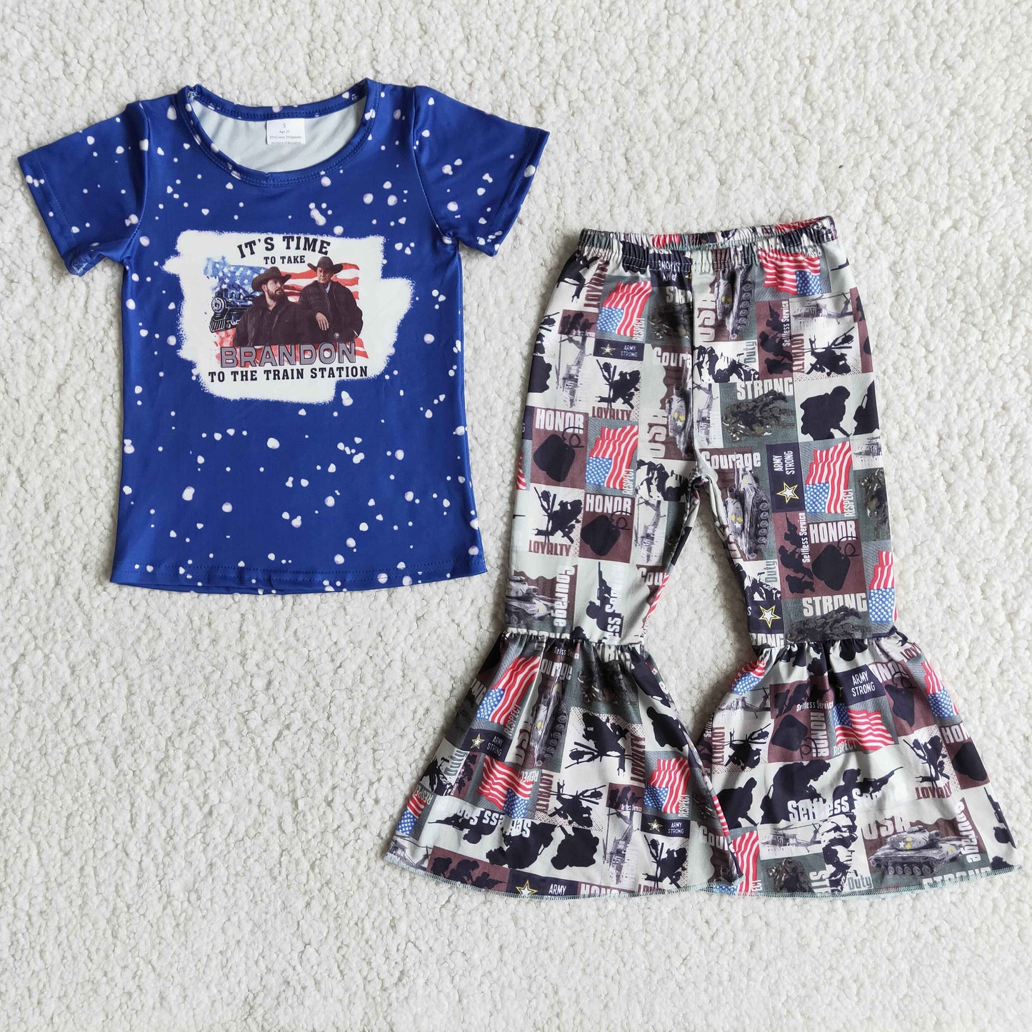 Promotion Baby Girl Blue Short Sleeves Singer Shirt Bell Pants Set