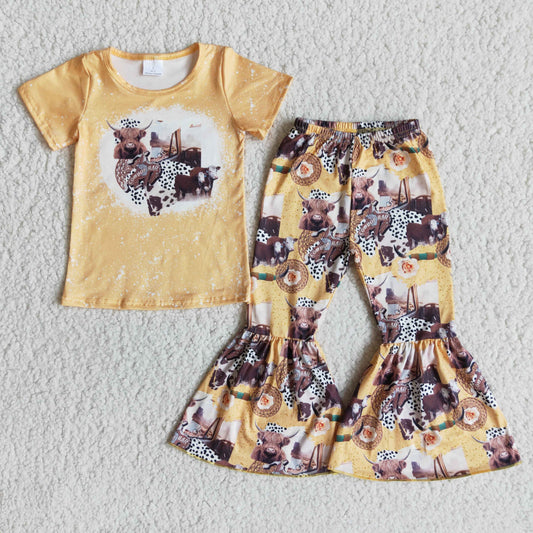 Promotion Baby Girl Short Sleeves Yellow Shirt Western Cow Bell Pants Set