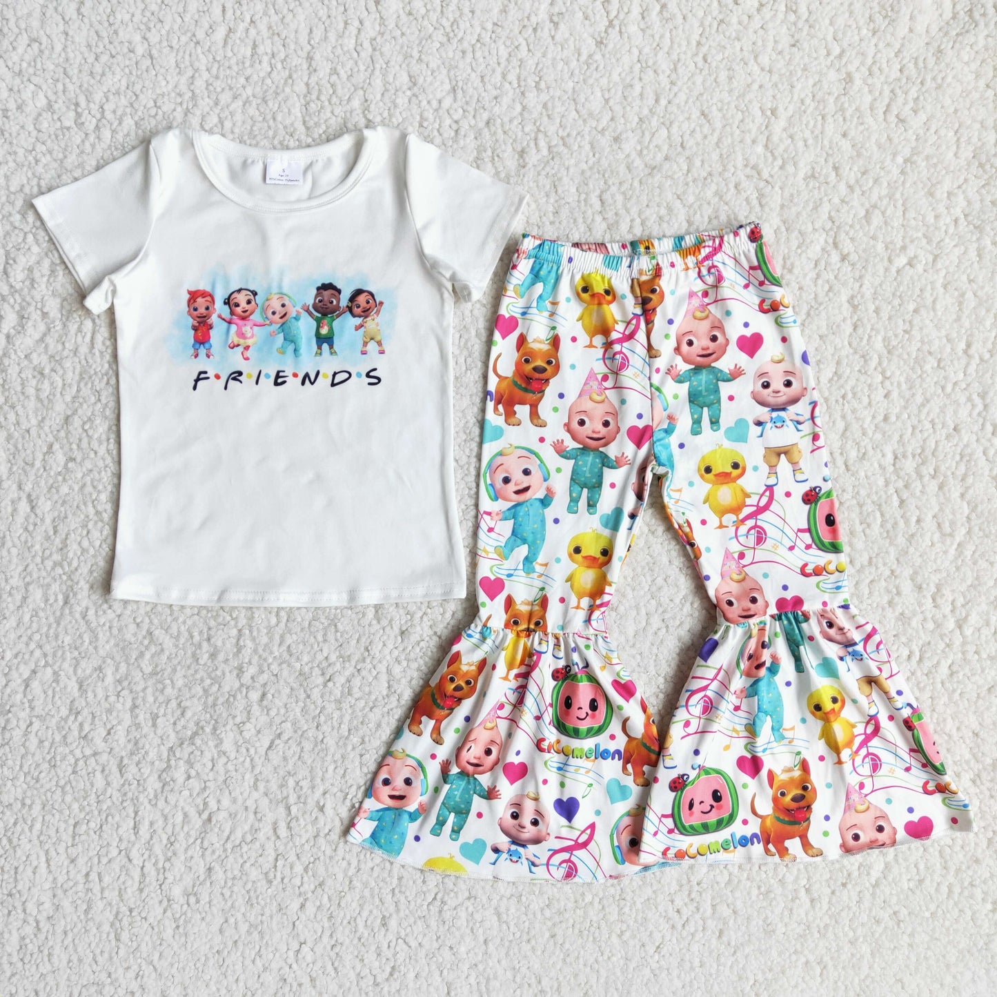 Promotion Baby Girl Short Sleeves Friends Shirt Melon Cartoon Bell Pants Set