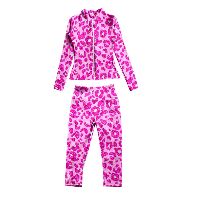 Pre-order Baby Girl Long Sleeves Pink Leopard Zipper Tops Pants Yoga Set