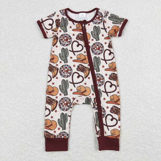 Baby Boy Short Sleeves Cactus Boots Western Zipper One Piece Summer Romper