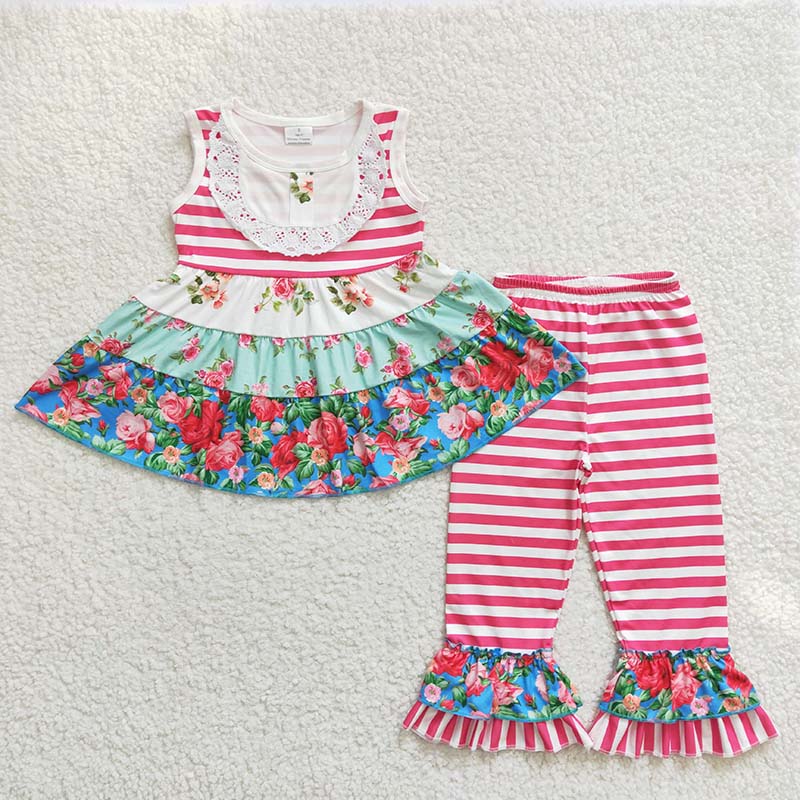 Promotion Baby Girl Short Sleeves Floral Tunic Stripes Ruffle Pants Outfit