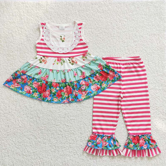 Promotion Baby Girl Short Sleeves Floral Tunic Stripes Ruffle Pants Outfit