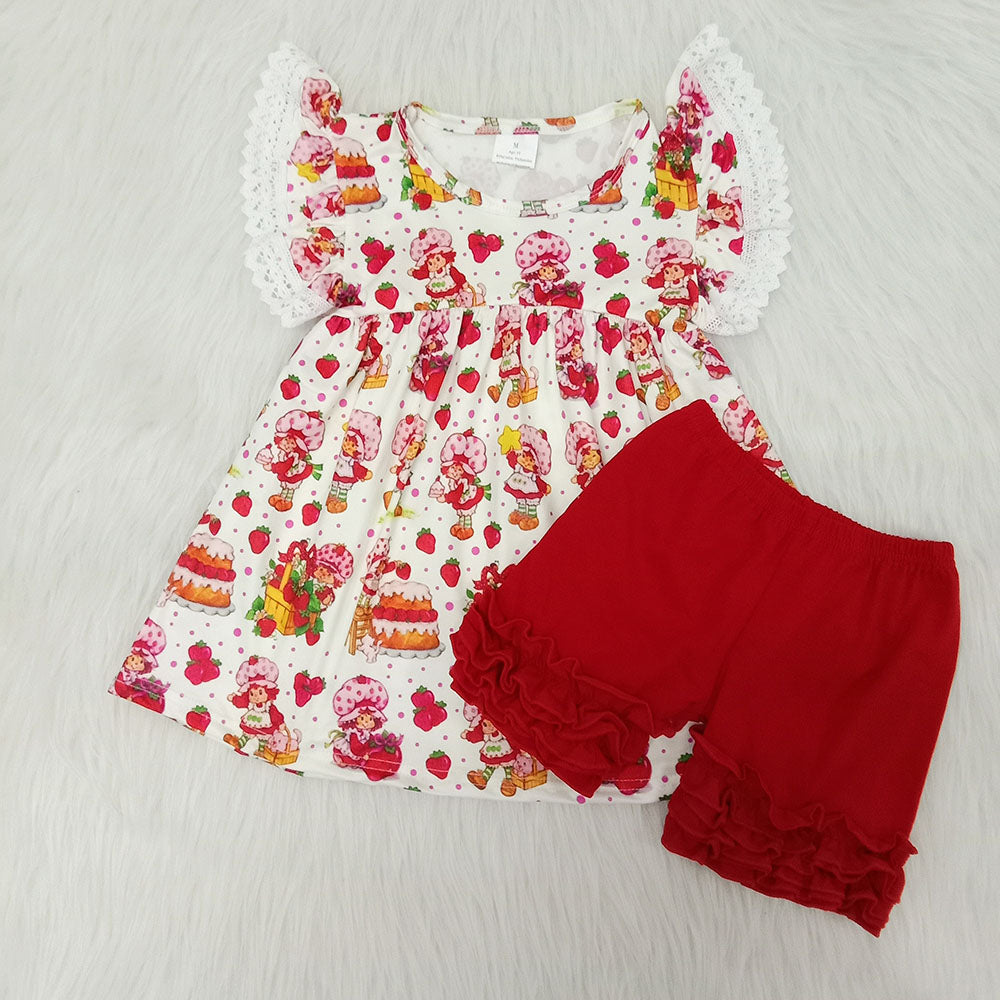 Promotion Baby Kids Short Sleeves Strawberry Girl Tunic Red Shorts Set RTS