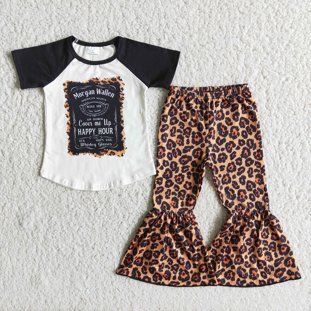 Promotion E2-20 Baby Kids Short Sleeves Shirt Leopard Bell Pants Singer Set