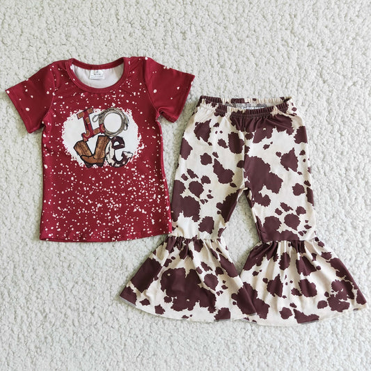 Promotion E2-3 Baby Girl Short Sleeves Love Shirt Cow Print Bell Pants Western Set