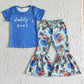 Promotion Baby Kids Blue Short Sleeves Daddy's Girl Shirt Floral Bell Pants Set RTS
