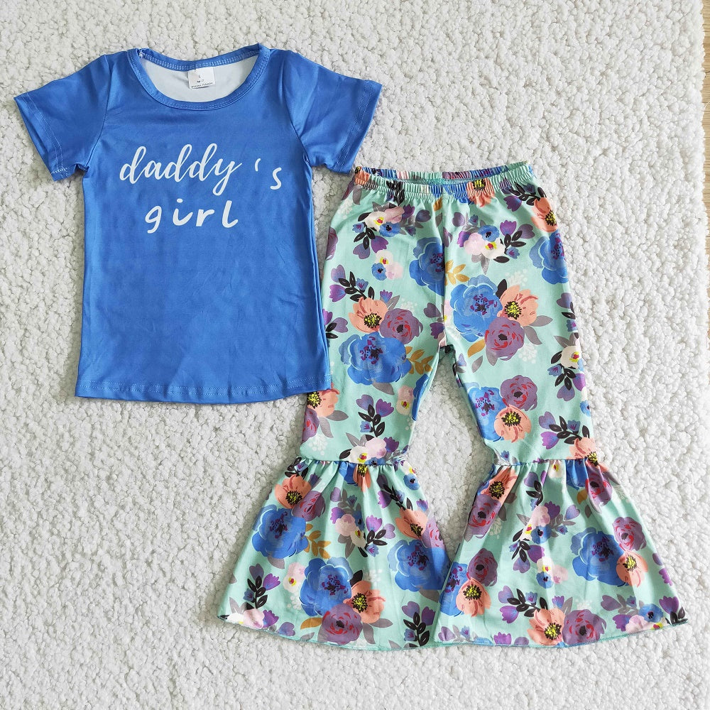 Promotion E2-4 Baby Kids Blue Short Sleeves Daddy's Girl Shirt Floral Bell Pants Set