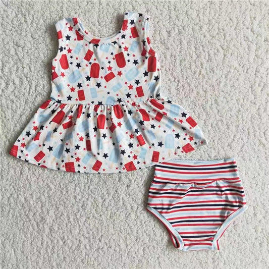 Promotion Baby Girl Popsicls Tops Stripes Bummie Shorts July 4th Set