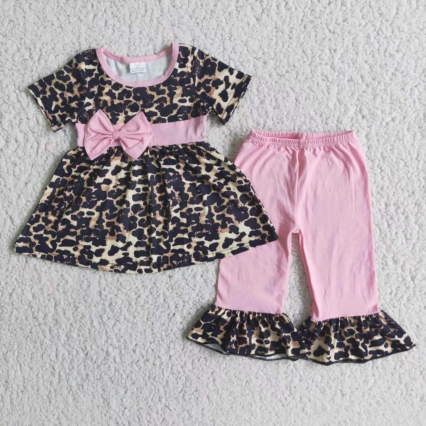 Promotion Baby Girl Leopard Short Sleeves Shirt Pink Pants Outfit