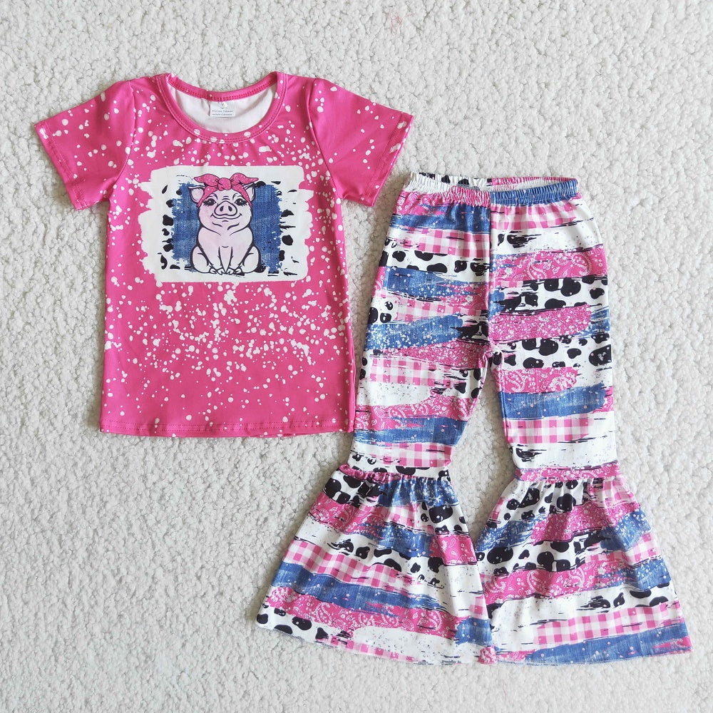 Promotion E3-29 Baby Kids Short Sleeves Pig Shirt Bell Pants Set